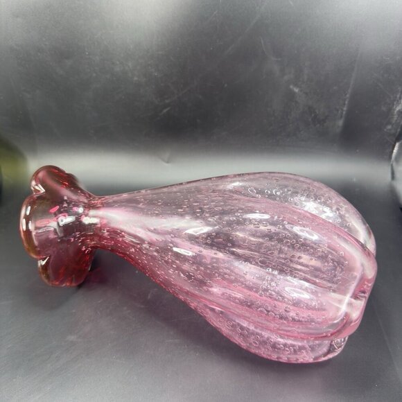 Large Art Glass Vase Vessel Pink Flower Shape Vas With Air Bubbles All Over Vase - Picture 7 of 16